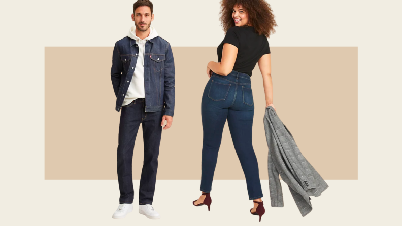 Two people wear dark-wash jeans.