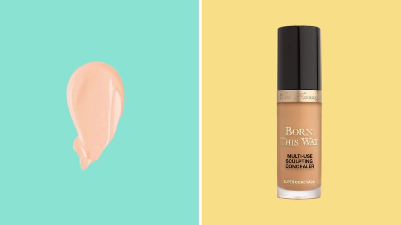 A smear of Too Faced Born This Way concealer against a green background, and a bottle of the same concealer against a yellow background