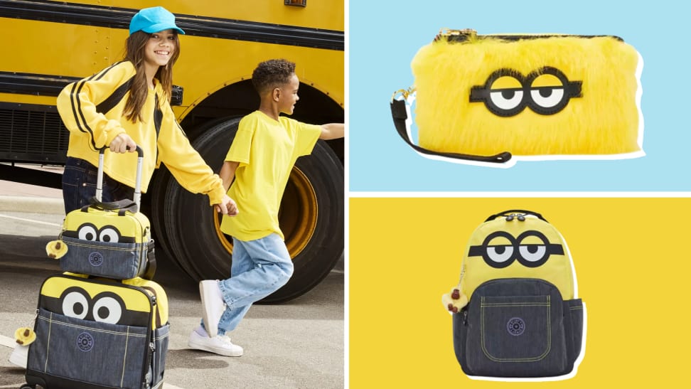 A photo collage featuring three bags from the Kipling x Minions collection.