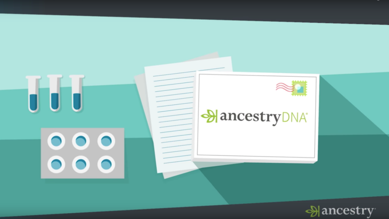 Graphic of a DNA test kit on a desk next to three test tubes