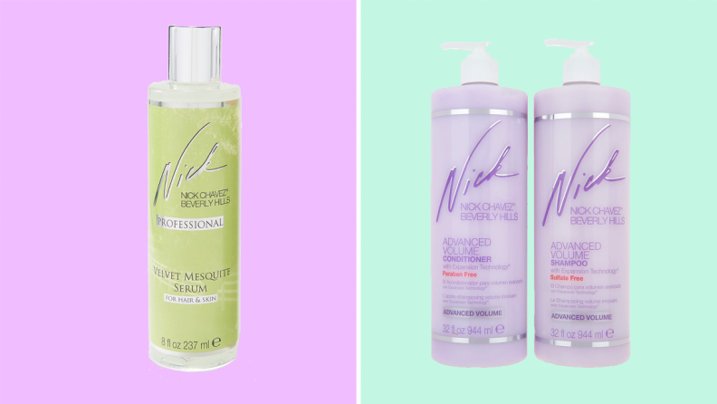 An image of a Nick Chavez hair serum bottle in green next to an image of a lavender set of shampoo and conditioner.