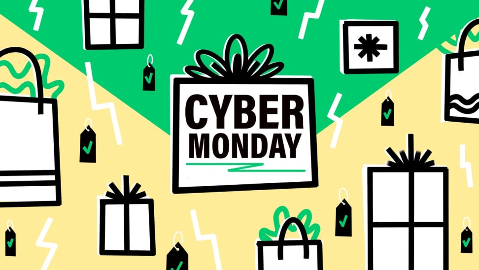 The words "Cyber Monday"  with presents surrounding it