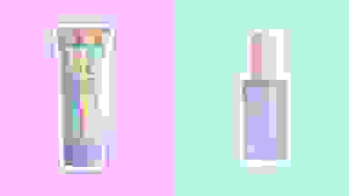 Naked Sundays sunscreen products side-by-side on a purple and mint green background.