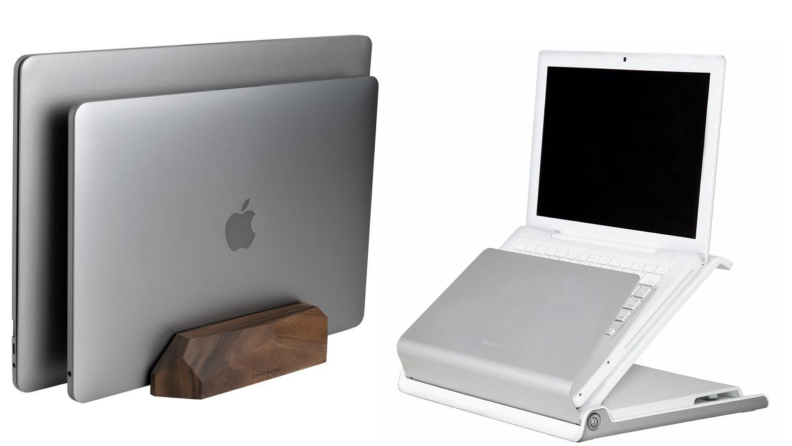 On left, two gray Apple laptops stacked together in the Oakywood dual vertical laptop stand. On right, one white Apple laptop in the Humanscale L6 laptop holder.