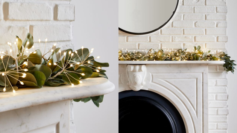 A garland hangs over a fireplace