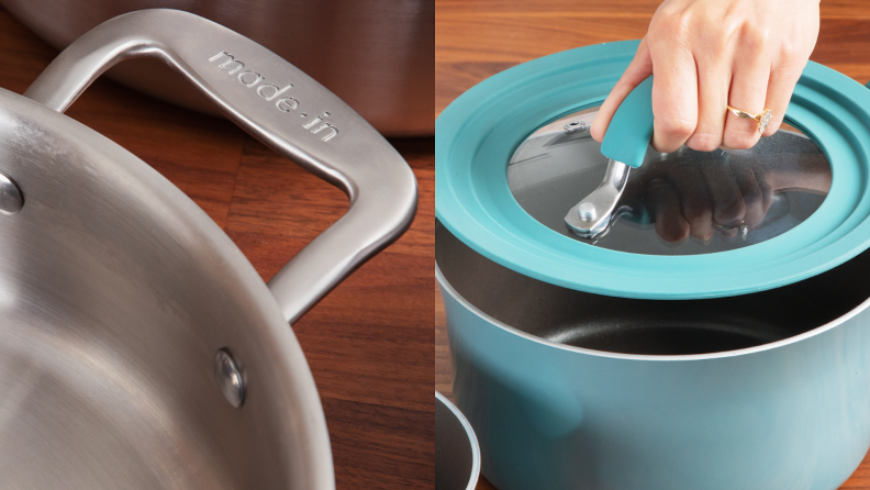 Close up shot of a stainless steel pot handle and a hand lifting teal pot lid from a pot.