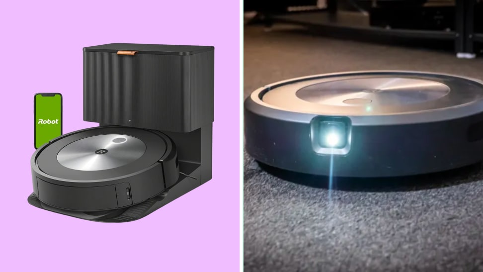 The iRobot Roomba j7+ on a pink background on the left, and an action shot with its light on cleaning a carpet.