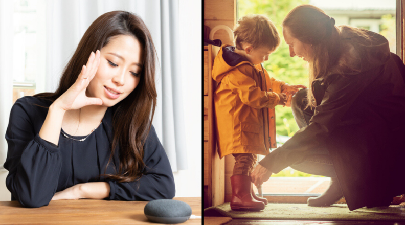 Woman talk to Google Home Mini and Woman dressing little boy in a jacket