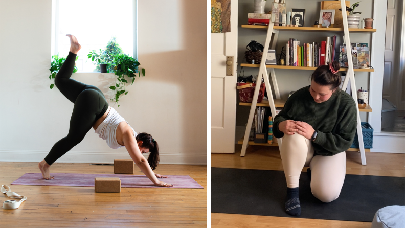 Collage of the author doing a downward-facing yoga pose in black leggings and a white tank top, and on the right is an image of the author holding another kneeling pose in a black sweatshirt with cream-colored leggings on.