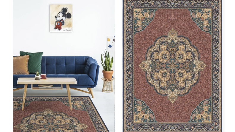 Two images of a traditional red rug with a Mickey Mouse motif