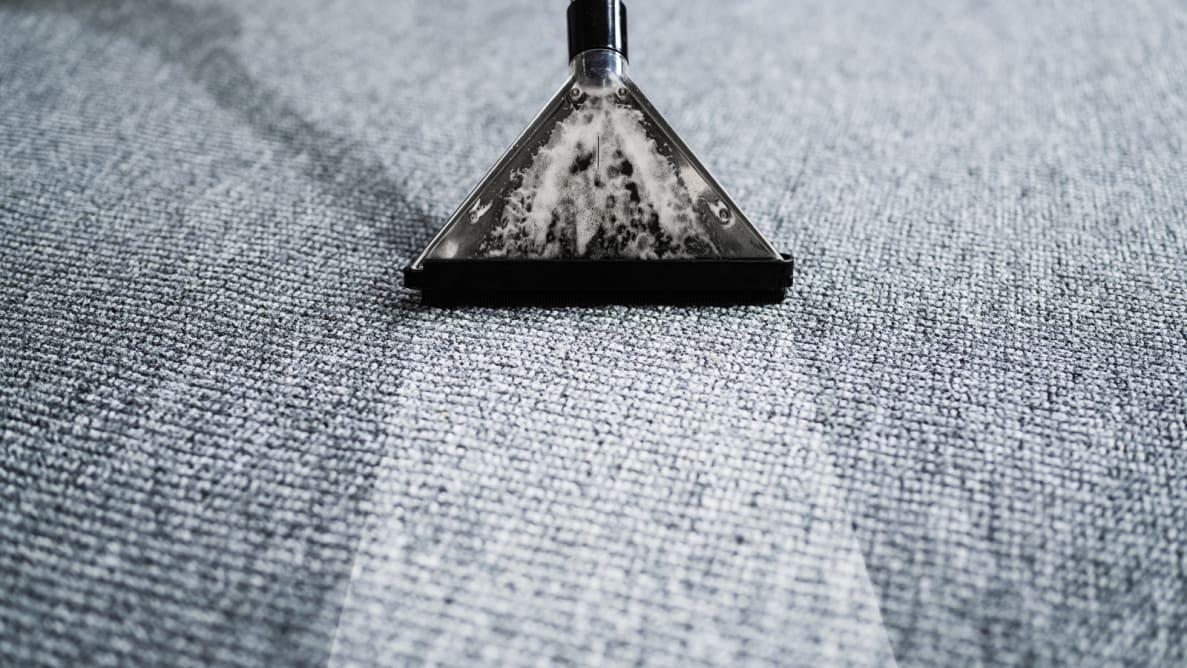 灰色地毯上的地毯清洁剂。