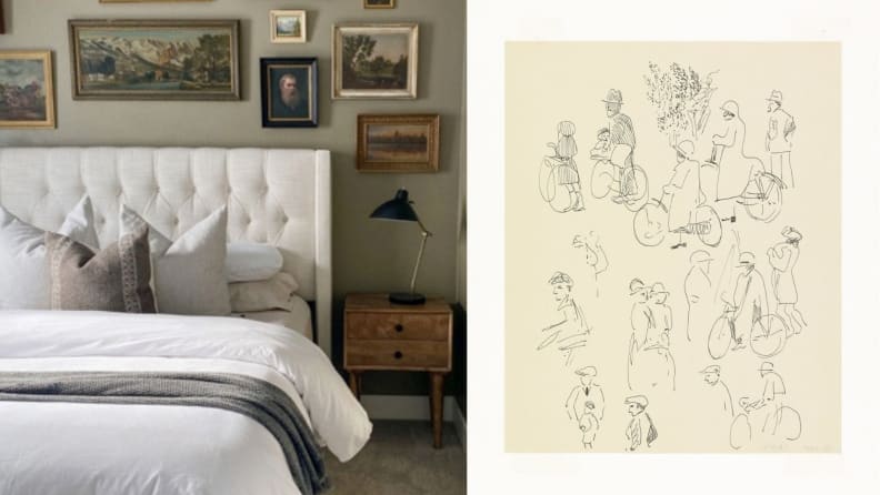 Gallery wall hanging above a bed, and an unframed sketch of commuters