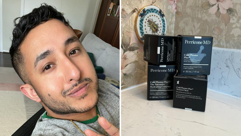 A photo of the author, as well as a photo of four Perricone MD products on a countertop.