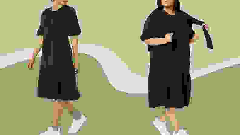 Two women in green and black puff-sleeved dresses with white sneakers