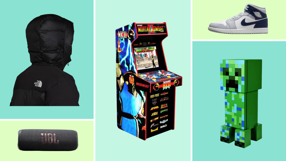 A selection of the best gifts for teen boys, including Nike Jordan shoes, JBL, a Minecraft Charged Creeper mini fridge, a Arcade1Up Mortal Kombat II Classic Arcade Game, and a North Face parka appear on a multicolored background.