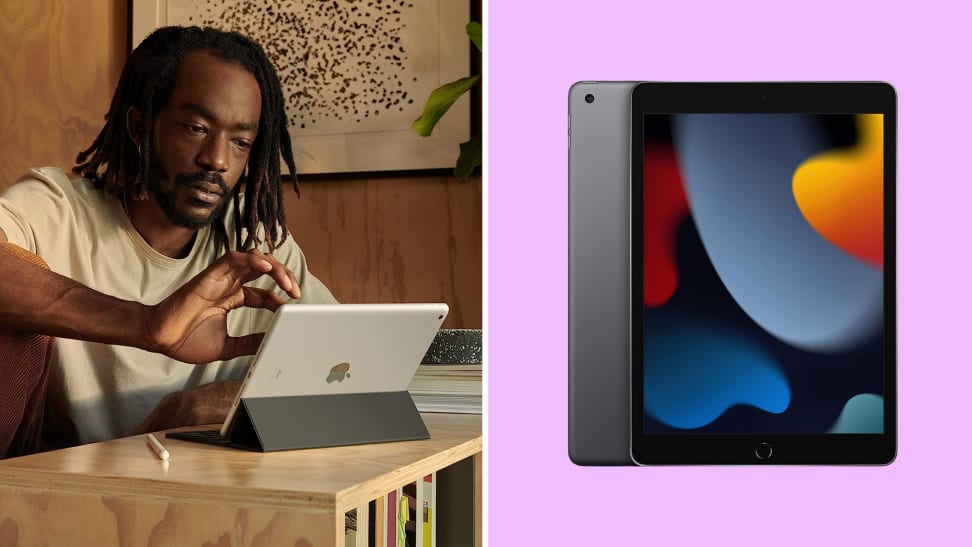 A collage showing a person on the left using an iPad on a desk and the right the front view of the iPad 9th generation.