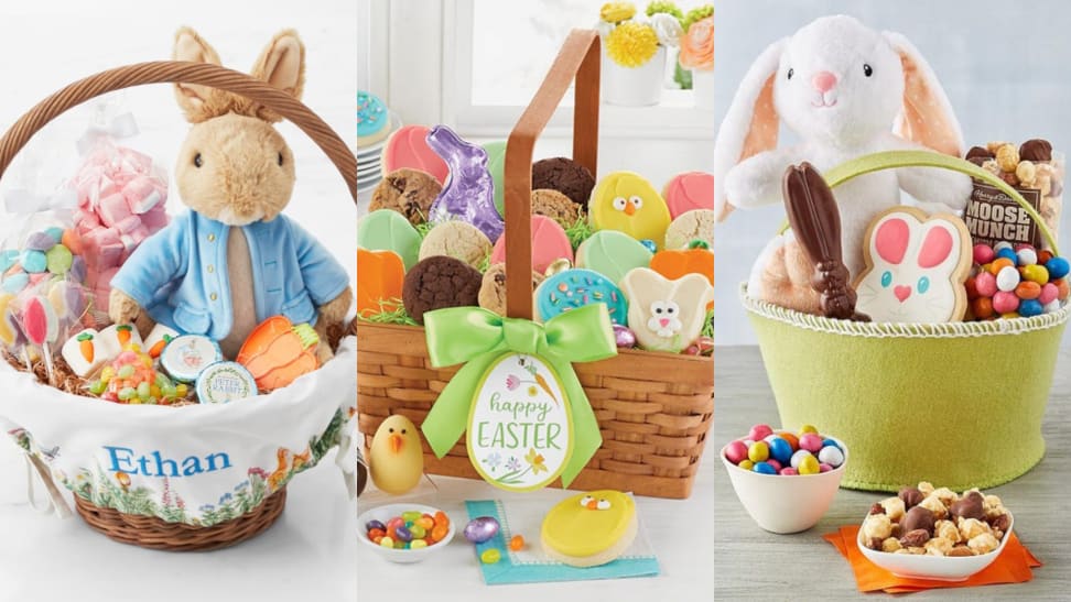 Three Easter baskets full of sweets and treats.