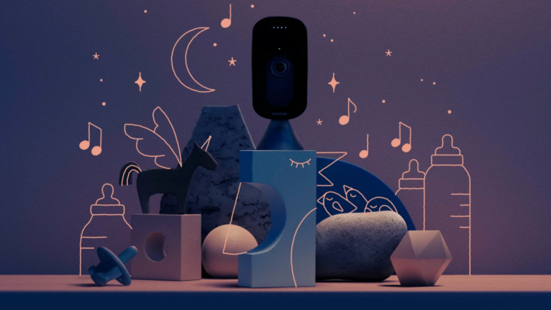 Ecobee SmartCamera surrounded by multi-colored building blocks, a blue pacifier and drawings of music notes, baby bottles, stars and the moon.