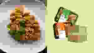 Left: plated dish of chicken, rice, and veggies. Right: Modify Health packages on green background