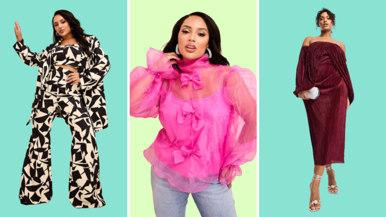 Collage of three plus-size options: A black and beige matching set, a pink chiffon top with matching camisole, and a wine-colored dress with long sleeves and off-the-shoulder design.
