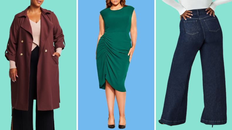 Collage of three plus-size options: A maroon coat, a green form-fitting dress, and wide-leg dark jeans.