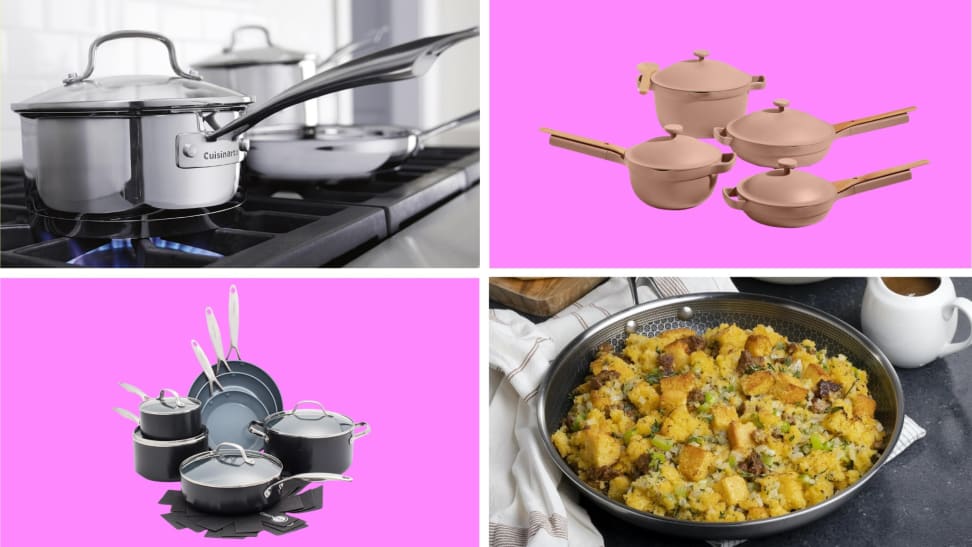 A collage of various cookware sets in front of different backgrounds.