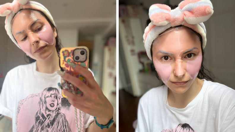 Person wearing the Julep Beauty The Multi-Masker's sheet mask on face and a plush headband on head.