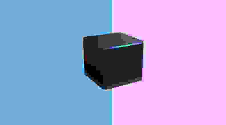 THe Amazon Fire TV Cube on a pink and blue background