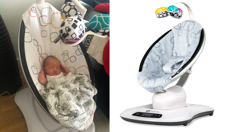 On left, sleeping infant in motion rocker. On right, motion baby rocker.
