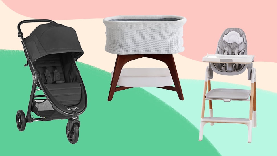 A pastel background with a stroller, a bassinet, and a high chair.