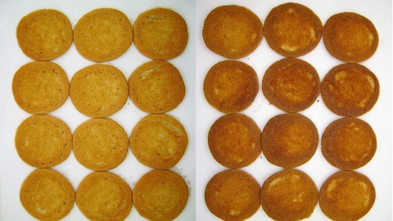 Side by side images of the bottoms of sugar cookies baked on two different trays.