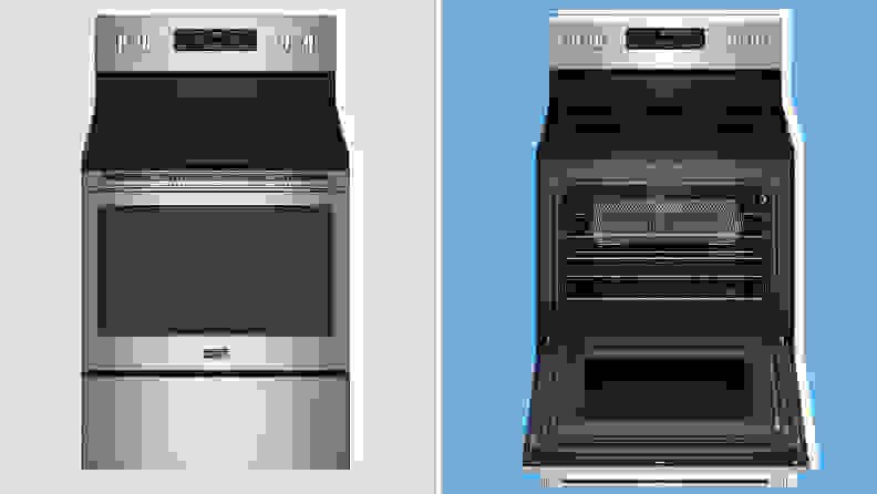 A split image of the Maytag MER7700LZ with the oven door closed and opened shows the air fryer basket inside.