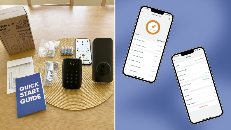 Two images of a smart lock's components and two cell phones with a security interface.