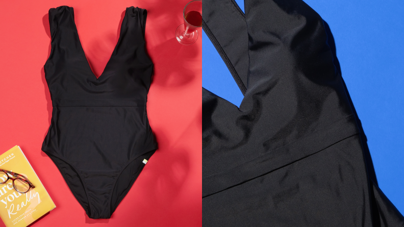 A black, V-neck Summersalt one-piece is shown against a red backdrop. There is a detail shot on the right.
