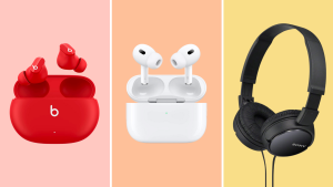 A collage of earbuds and headphones on a pink, orange, and yellow background