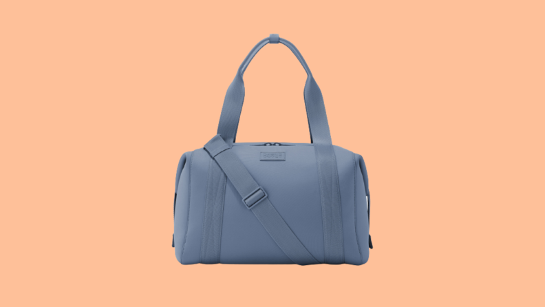 A blue neoprene duffle bag.