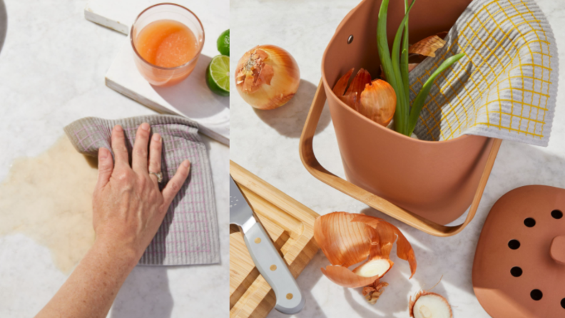 On left, hand using Food52 sponge cloth to wipe up spill on countertop. On right, Food52 sponge cloth placed in compost bucket with onion skin and plant.