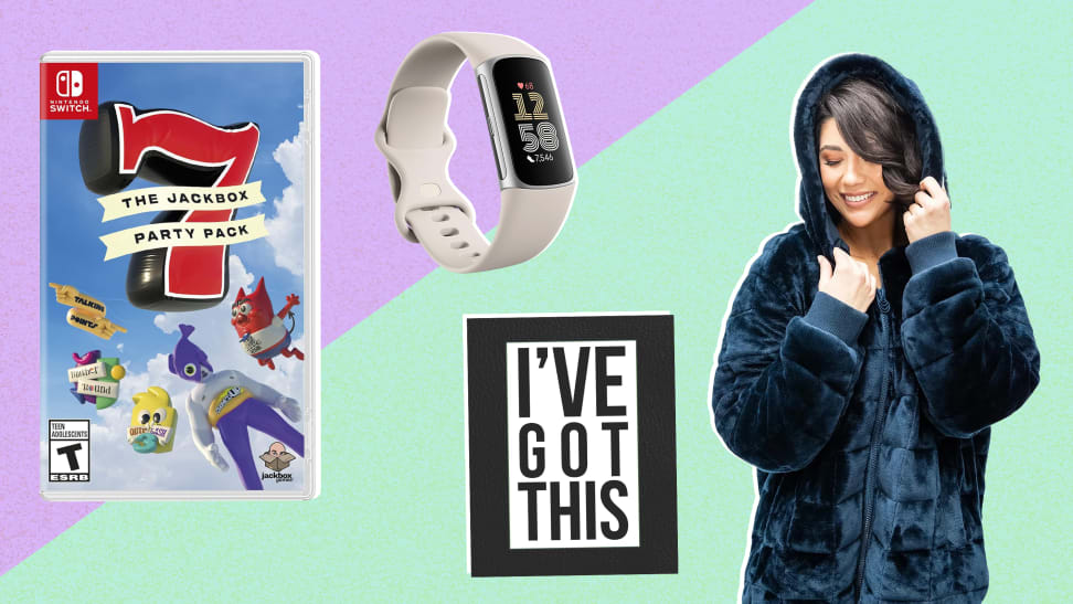 Photo collage of depression journal, Nintendo video game, fitness watch and a model wearing a cozy weighted hoodie.