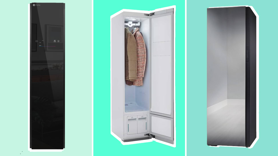 On right, product shot of the closed GE Profile Steam Closet. In middle, product shot of the LG Styler Steam Closet opened with two hanging jackets inside. On right, product shot of the closed Samsung Bespoke AirDresser with crystal mirror door.