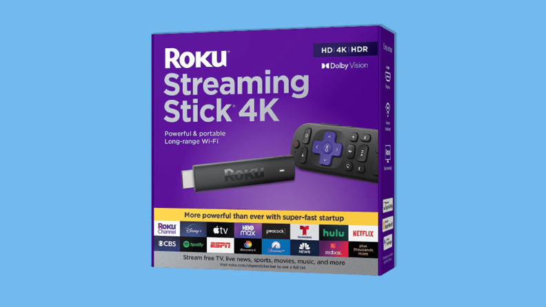 College dorm room essentials Roku Streaming Stick 4K on a blue background.