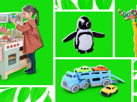 Four insert images of eco-friendly toys and children playing with them.
