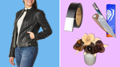 Left: A woman wearing Cole Haan Racer leather jacket on blue background. Right: A Calvin Klein leather jacket, Dalstrong Valhalla series chefs knife, and leather roses on pink background.