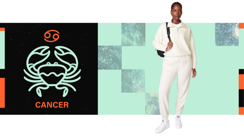 On the left is the symbol for Cancer, and on the right is a model wearing an off-white matching sweatsuit.