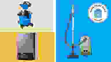 Three different vacuums with the Black Friday Deals Reviewed badge in front of colored backgrounds.