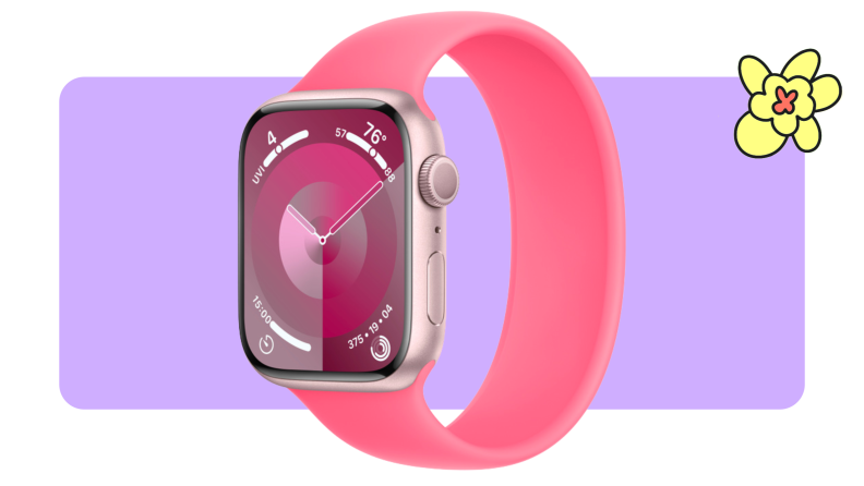 Apple Watch Series 9 smartwatch with a pink silicone band.