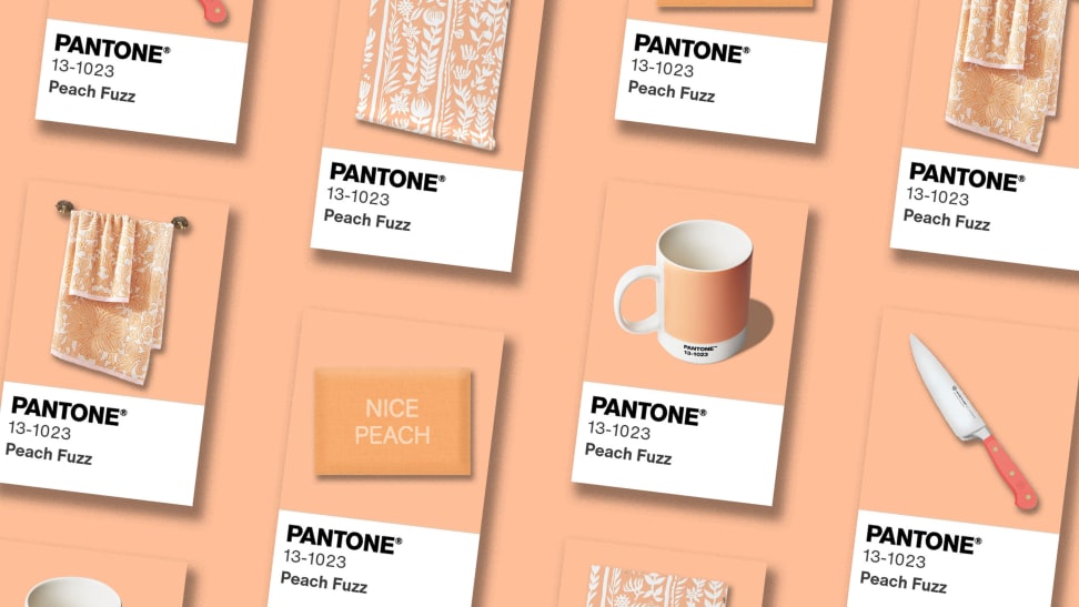A number of home decro items on pantone color cards all in a peach shade