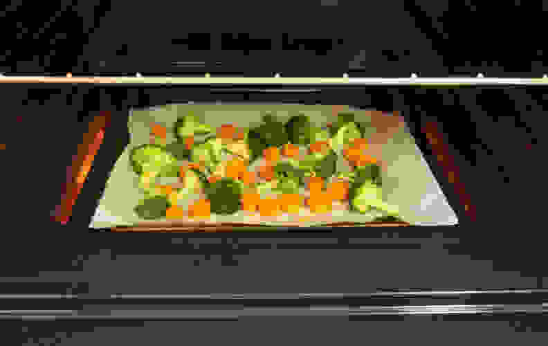veggies cooking on oven floor