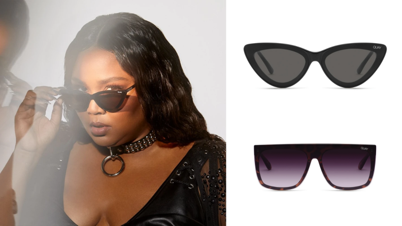 An image of Lizzo wearing black sunglasses next to two images of sunglasses from her line.
