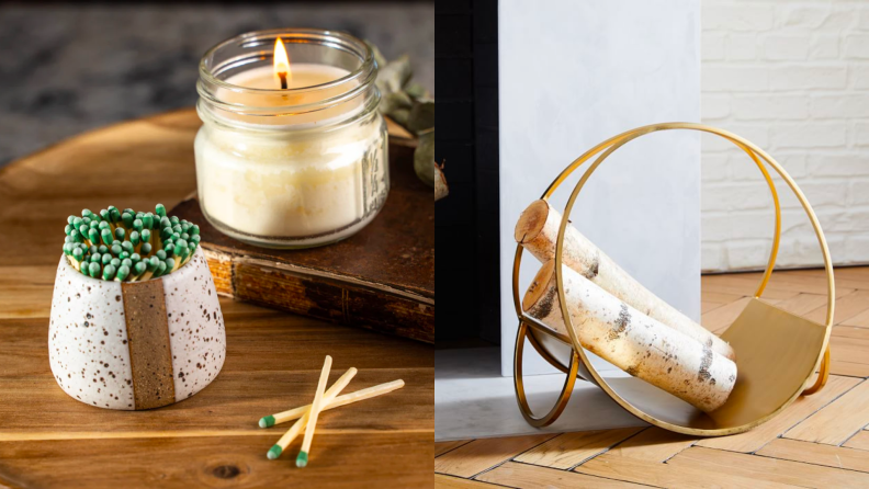 A ceramic pot with matches and a gold firewood holder.