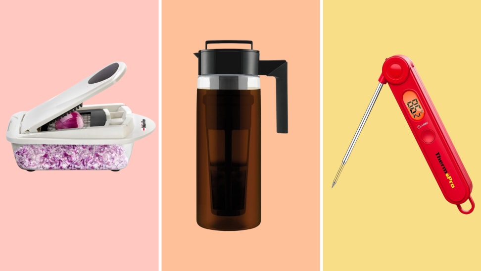 A vegetable chopper, cold brew maker, and thermometer.